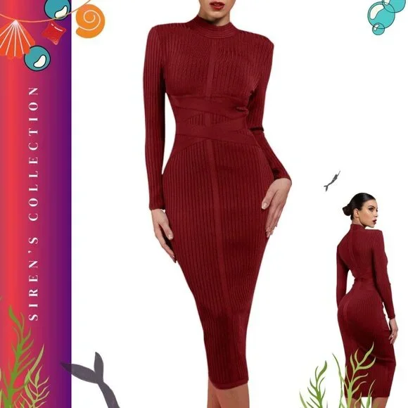 Red Long Sleeve Bodycon Dress with Mock Neck - Picture 1 of 13